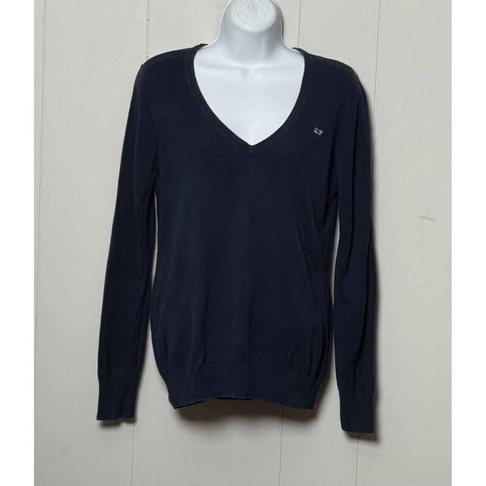 Vineyard Vines Women's Navy Blue 100% Cotton V-Neck Whale Logo Sweater Size M